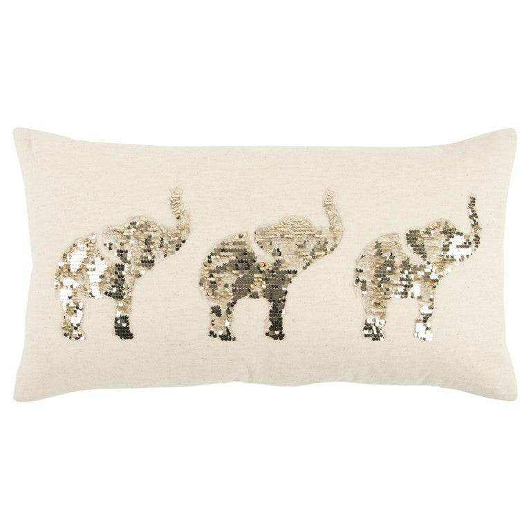 Natural Gold Sequined Elephant Trio Lumbar Pillow