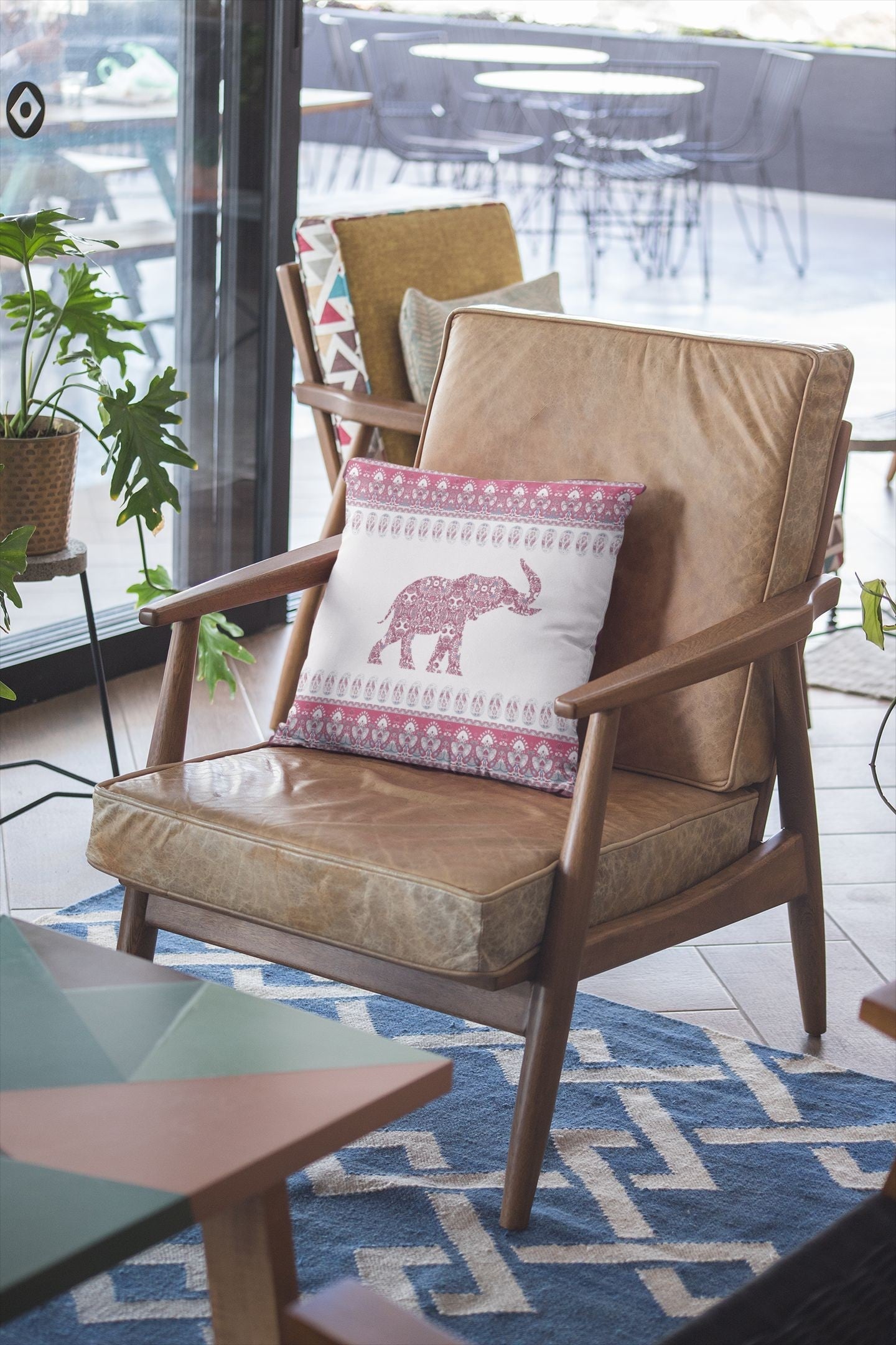 16” Red White Ornate Elephant Zippered Suede Throw Pillow