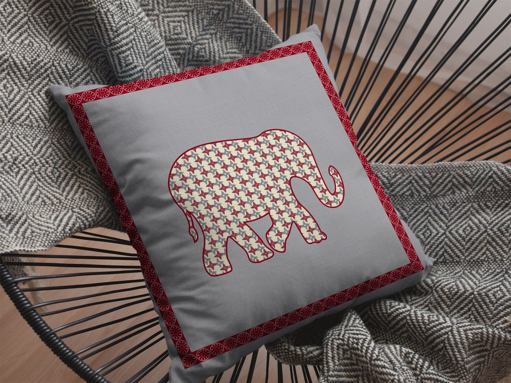 16” Red Gray Elephant Zippered Suede Throw Pillow