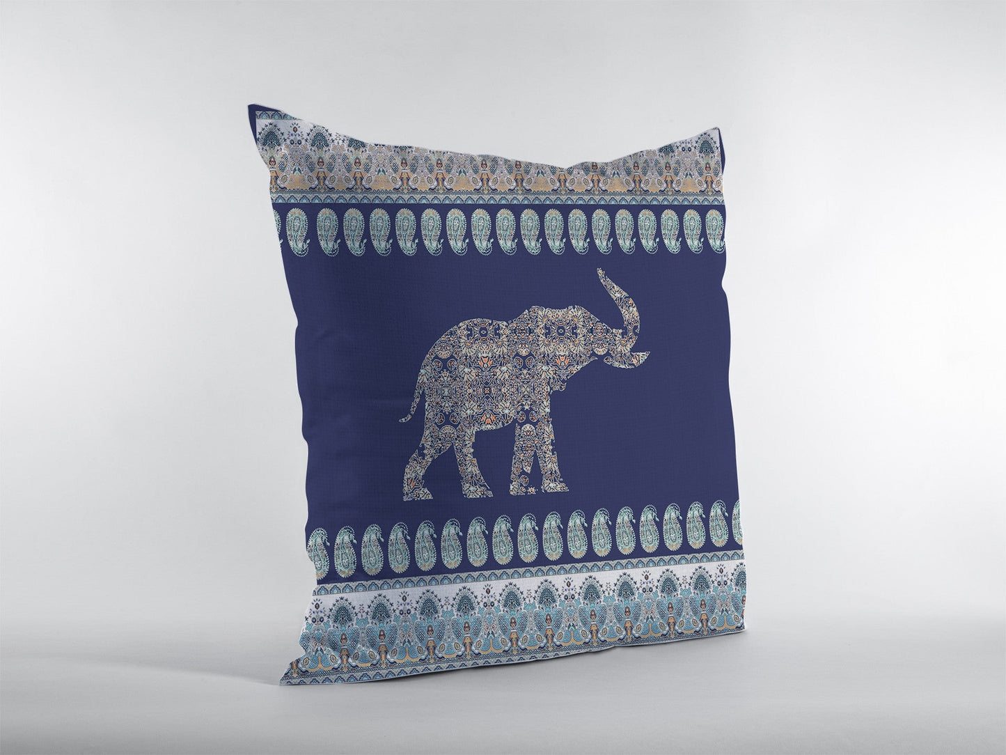 16” Navy Ornate Elephant Zippered Suede Throw Pillow