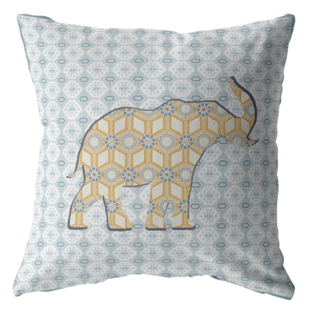 16" Blue Yellow Elephant Zip Suede Throw Pillow