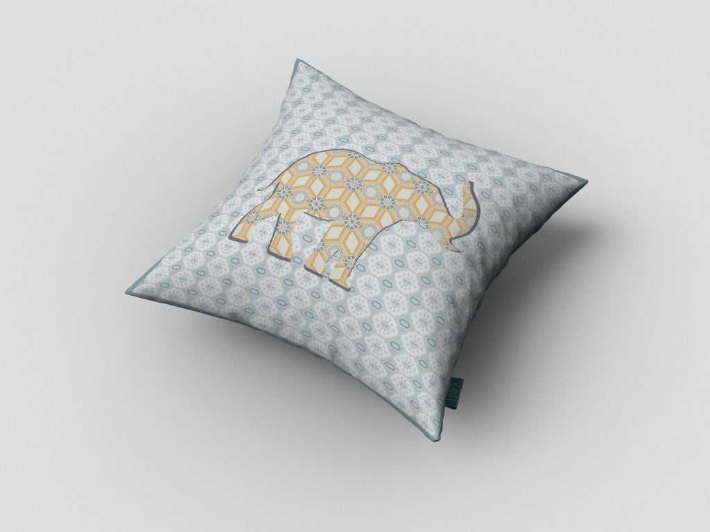 18" Blue Yellow Elephant Zip Suede Throw Pillow