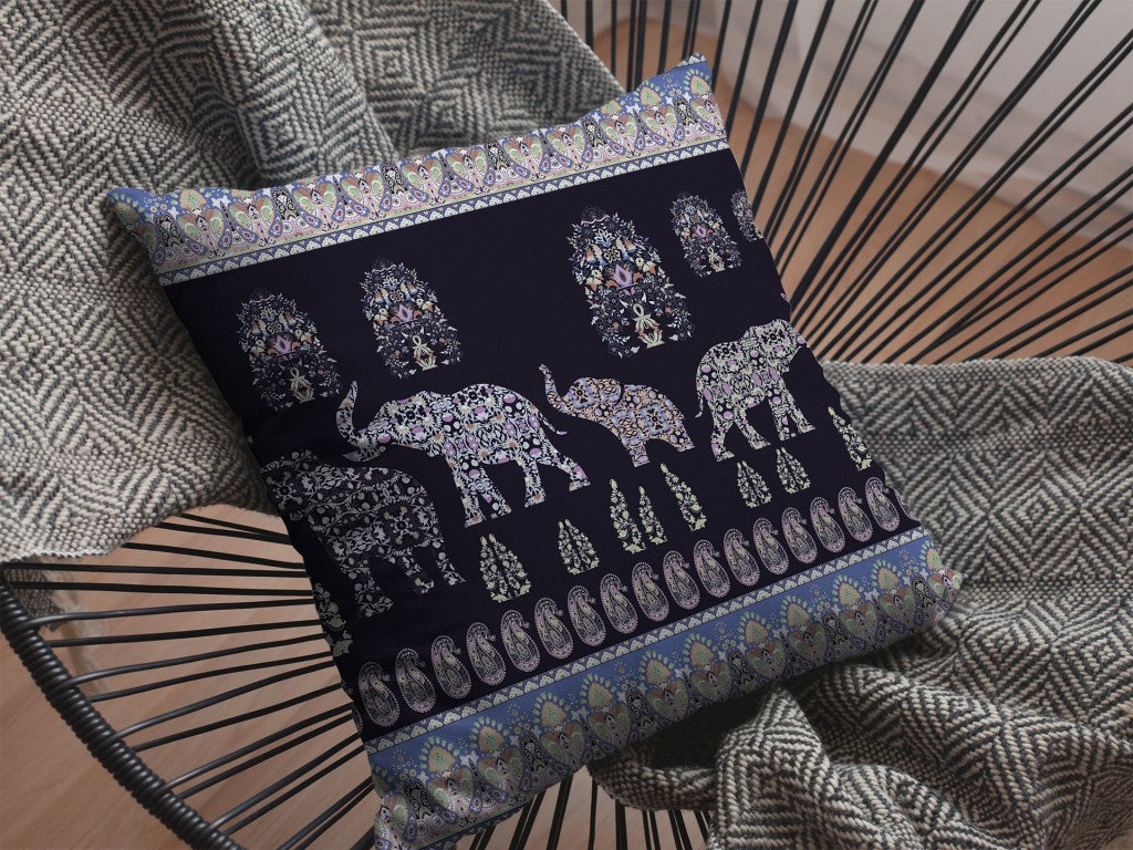 20” Purple Ornate Elephant Indoor Outdoor Throw Pillow