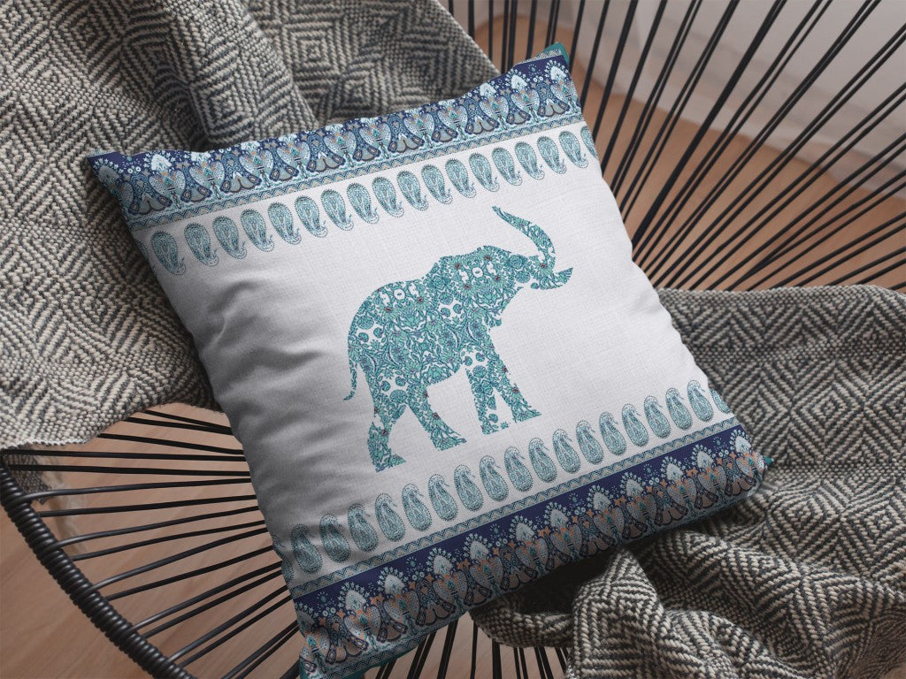 20” Teal Ornate Elephant Indoor Outdoor Throw Pillow