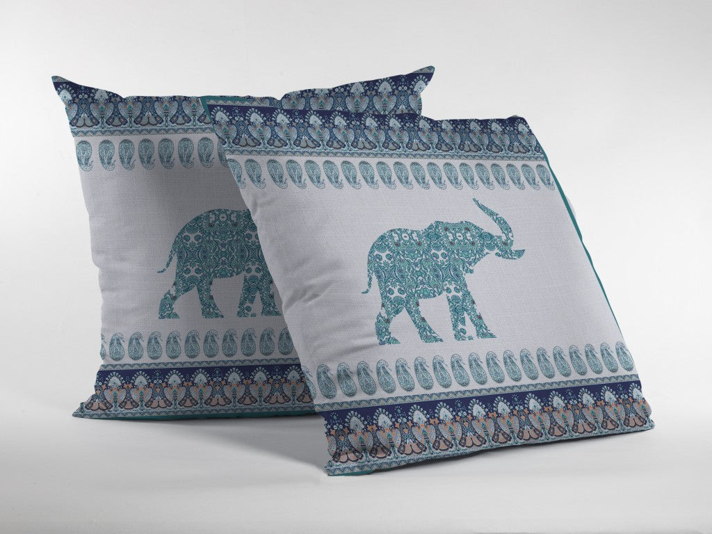 20” Teal Ornate Elephant Indoor Outdoor Throw Pillow