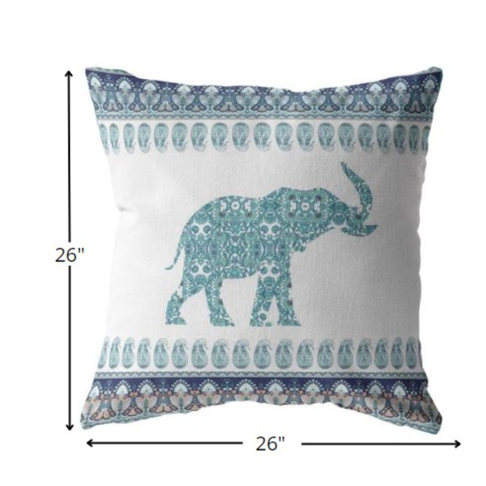 26” Teal Ornate Elephant Indoor Outdoor Throw Pillow