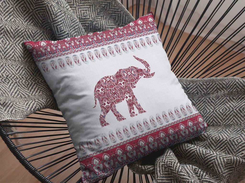 16” Red White Ornate Elephant Indoor Outdoor Throw Pillow