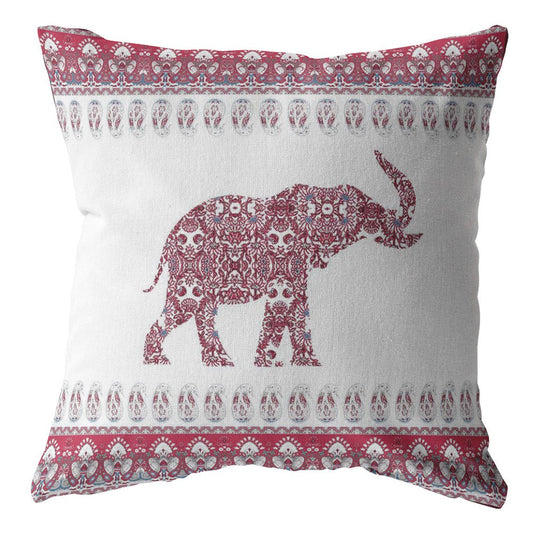 20” Red White Ornate Elephant Indoor Outdoor Throw Pillow