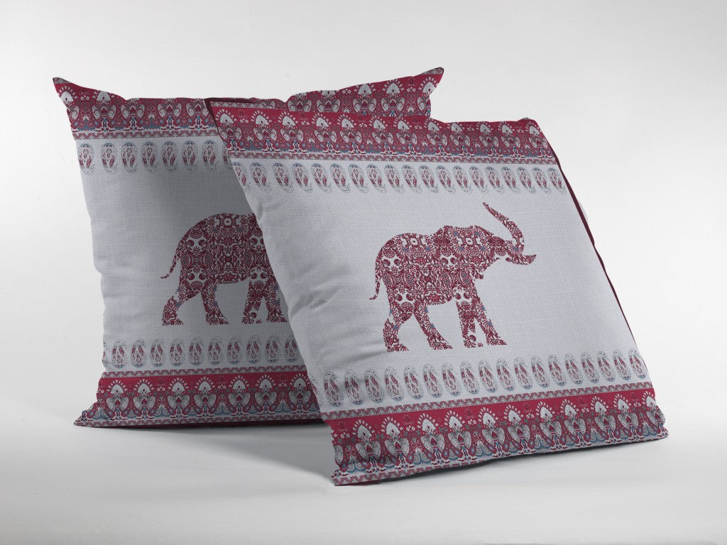 20” Red White Ornate Elephant Indoor Outdoor Throw Pillow