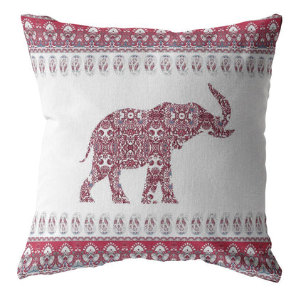 26” Red White Ornate Elephant Indoor Outdoor Throw Pillow