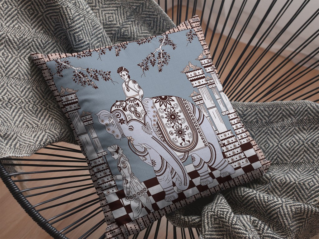 20” Blue Brown Ornate Elephant Indoor Outdoor Throw Pillow