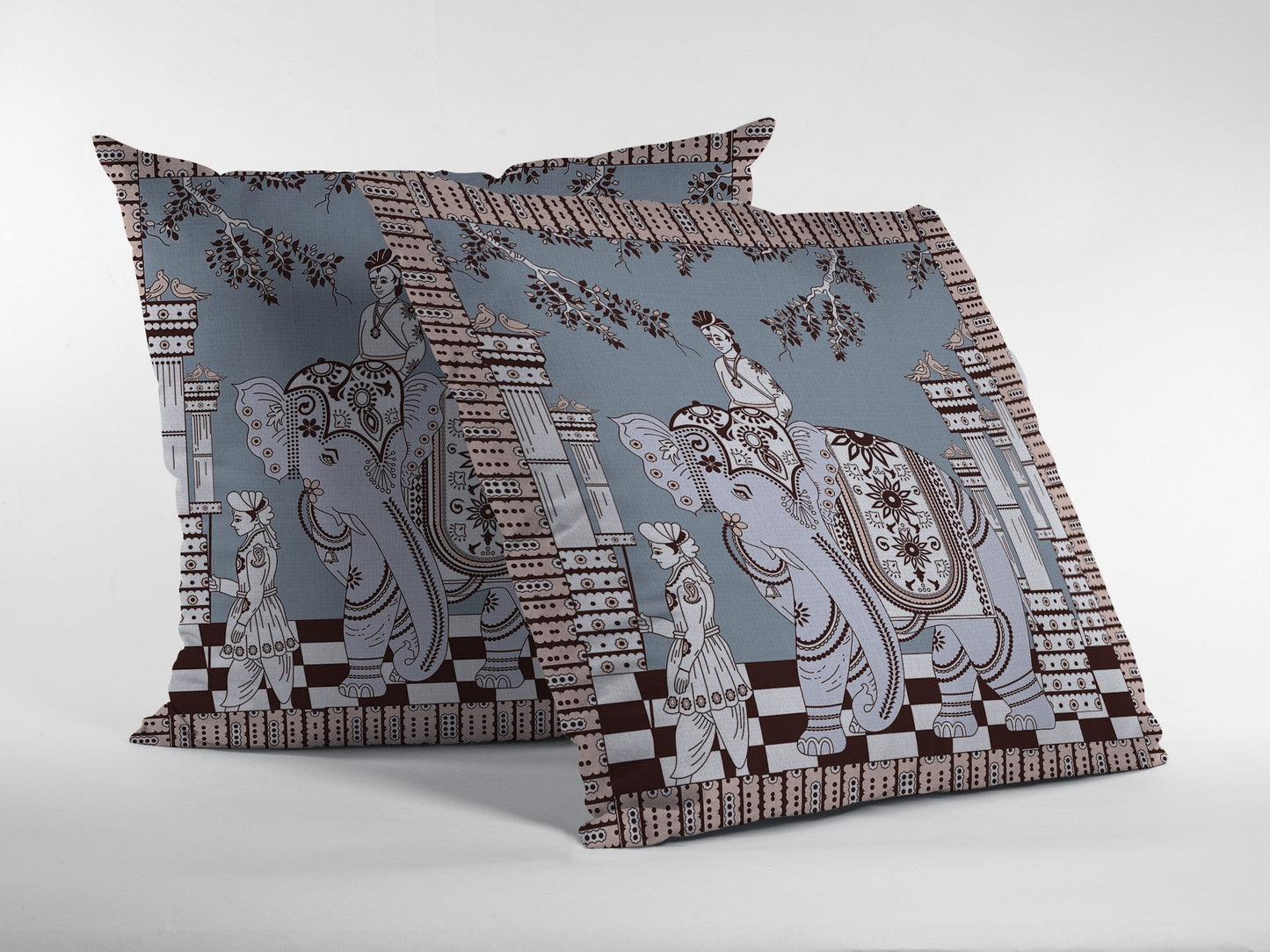 20” Blue Brown Ornate Elephant Indoor Outdoor Throw Pillow