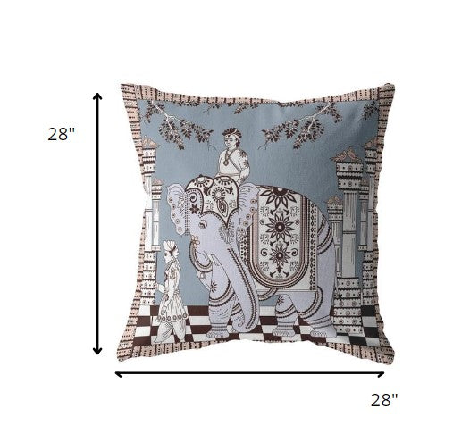 28” Blue Brown Ornate Elephant Indoor Outdoor Throw Pillow