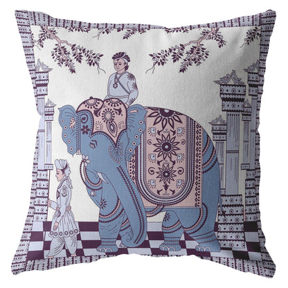 16” Blue Purple Ornate Elephant Indoor Outdoor Throw Pillow