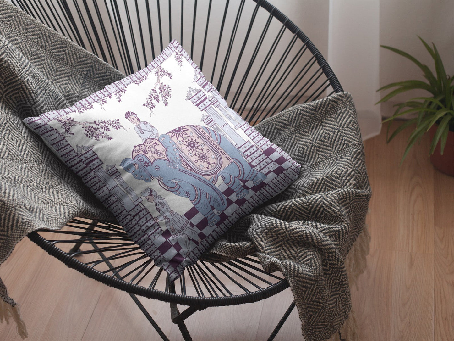 20” Blue Purple Ornate Elephant Indoor Outdoor Throw Pillow