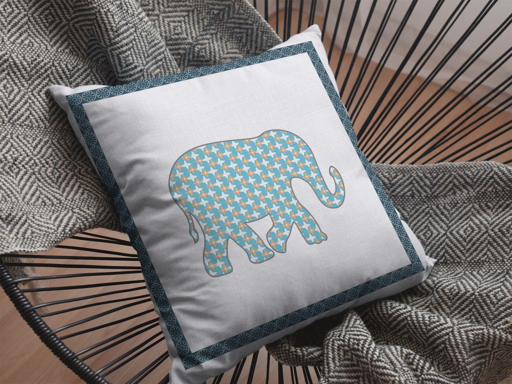 16” Blue White Elephant Indoor Outdoor Throw Pillow