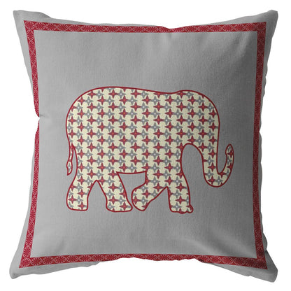 16” Red Gray Elephant Indoor Outdoor Throw Pillow