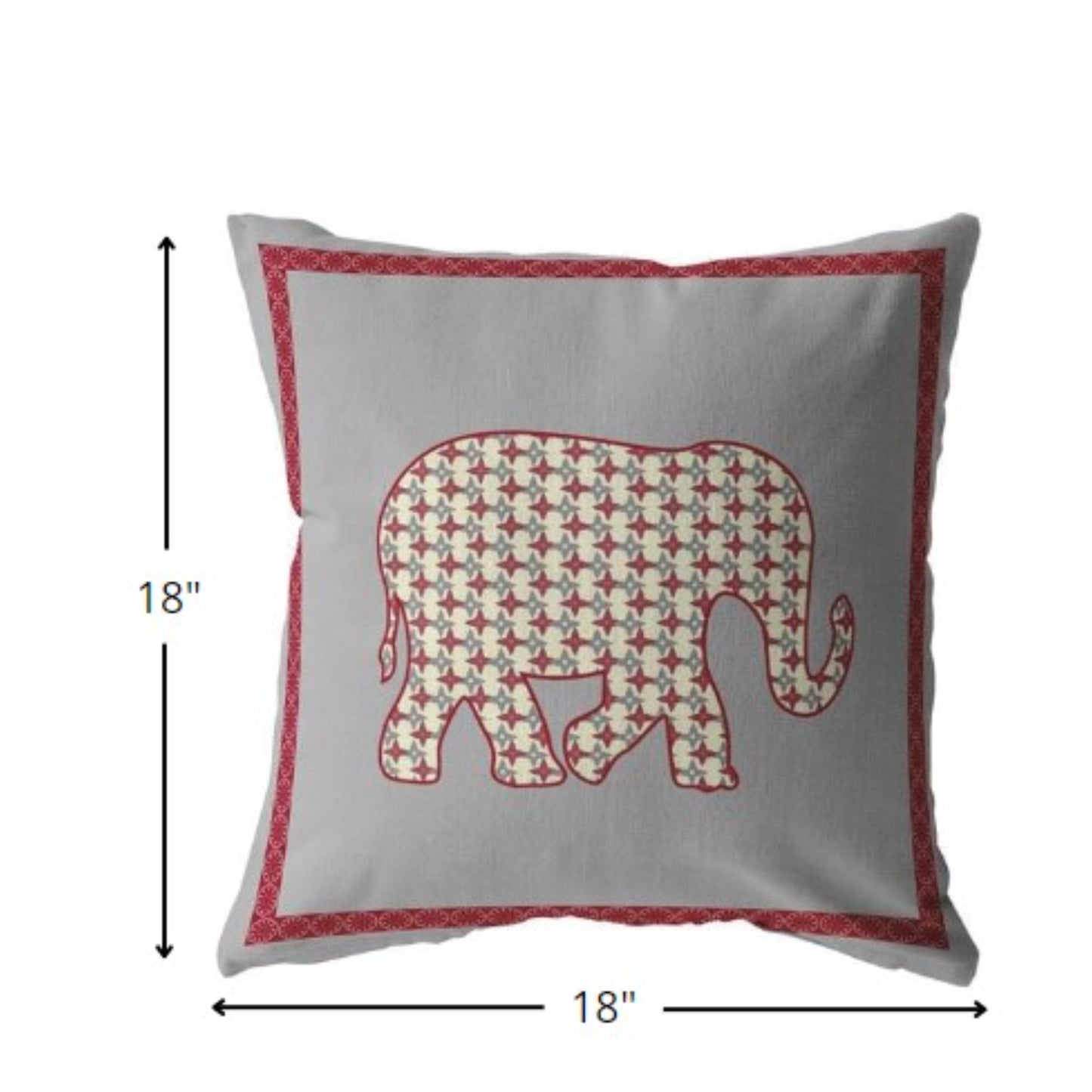 18” Red Gray Elephant Indoor Outdoor Throw Pillow