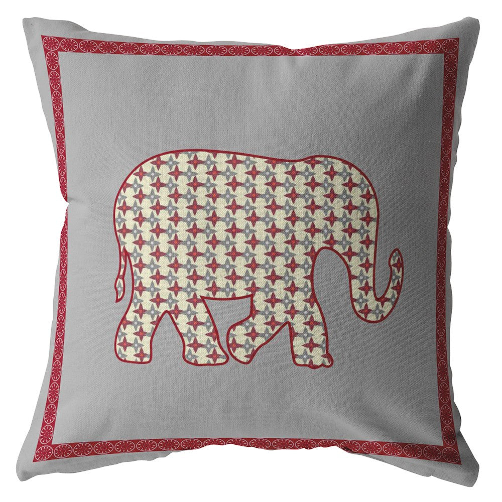 20” Red Gray Elephant Indoor Outdoor Throw Pillow