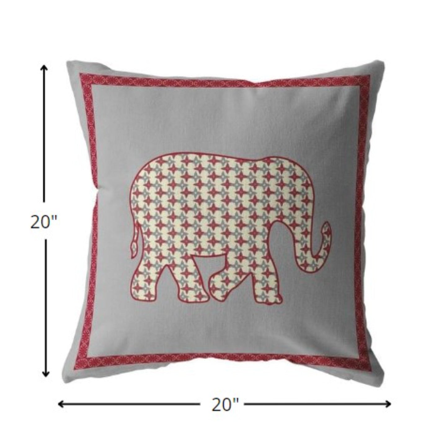 20” Red Gray Elephant Indoor Outdoor Throw Pillow