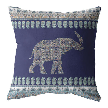 16” Navy Ornate Elephant Indoor Outdoor Throw Pillow