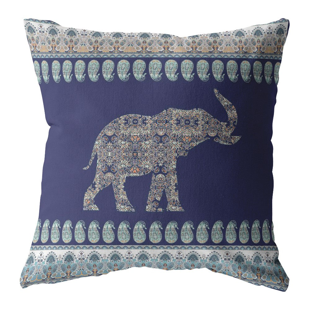 20” Navy Ornate Elephant Indoor Outdoor Throw Pillow