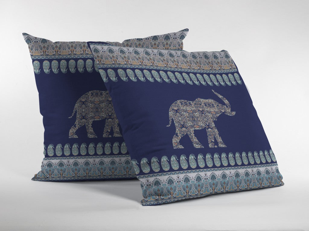 20” Navy Ornate Elephant Indoor Outdoor Throw Pillow