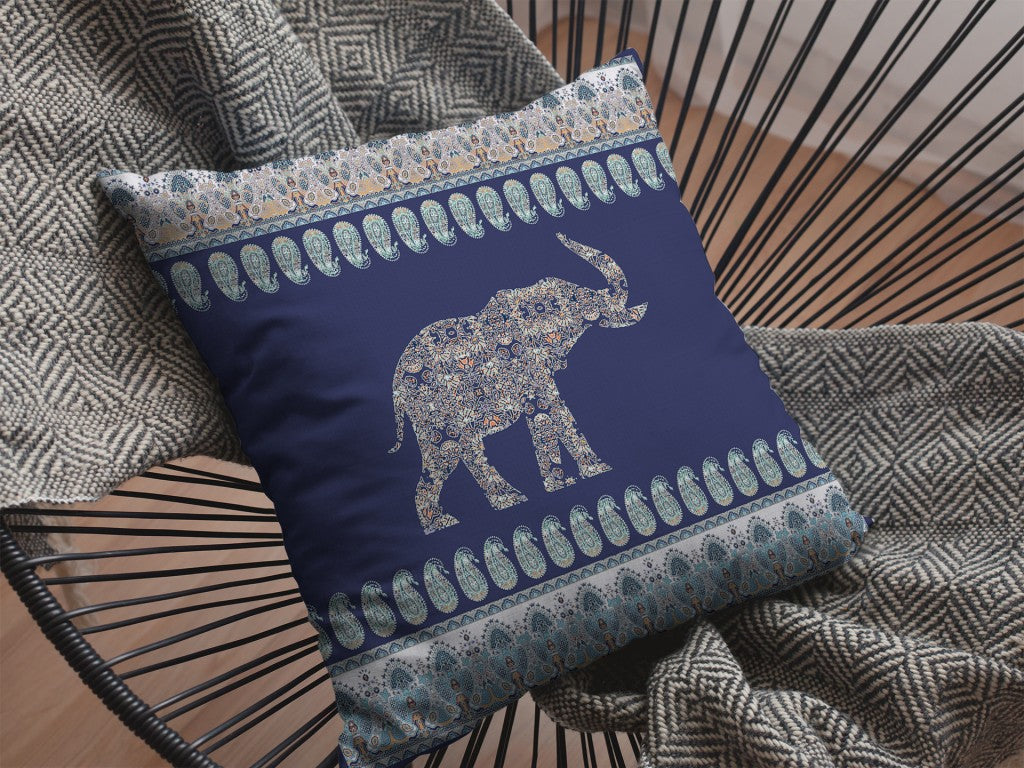 20” Navy Ornate Elephant Indoor Outdoor Throw Pillow