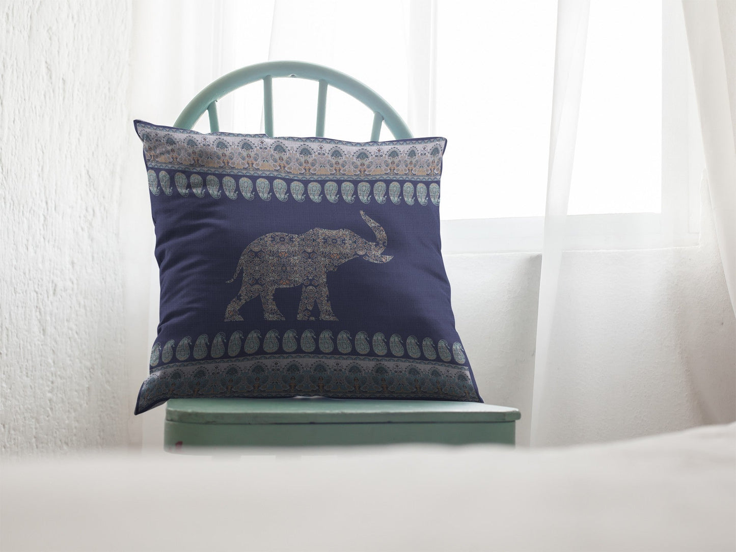 20” Navy Ornate Elephant Indoor Outdoor Throw Pillow