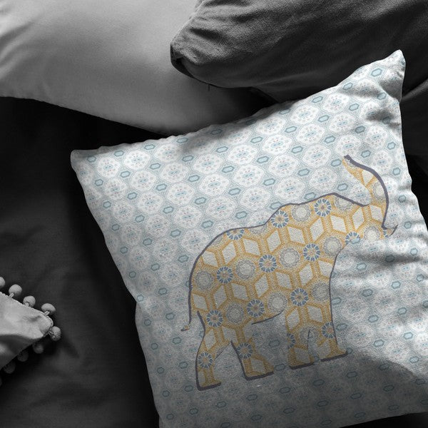 28" Blue Yellow Elephant Indoor Outdoor Throw Pillow