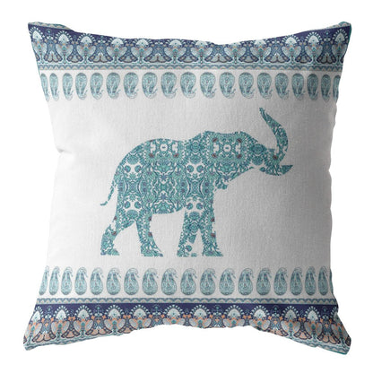 18” Teal Ornate Elephant Indoor Outdoor Zippered Throw Pillow