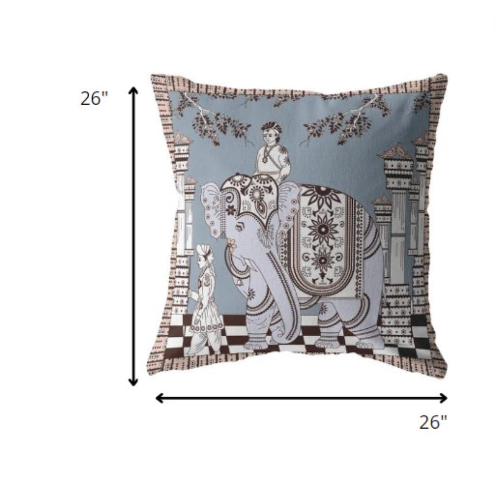 26” Blue Brown Ornate Elephant Indoor Outdoor Zippered Throw Pillow