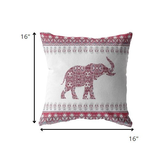 16” Red White Ornate Elephant Suede Throw Pillow