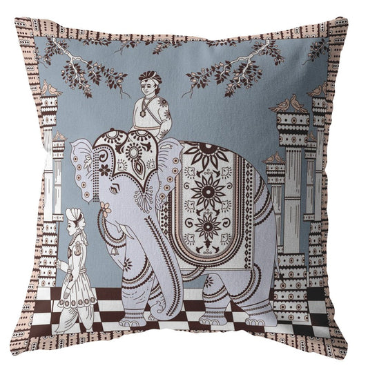 16” Blue Brown Ornate Elephant Suede Throw Pillow