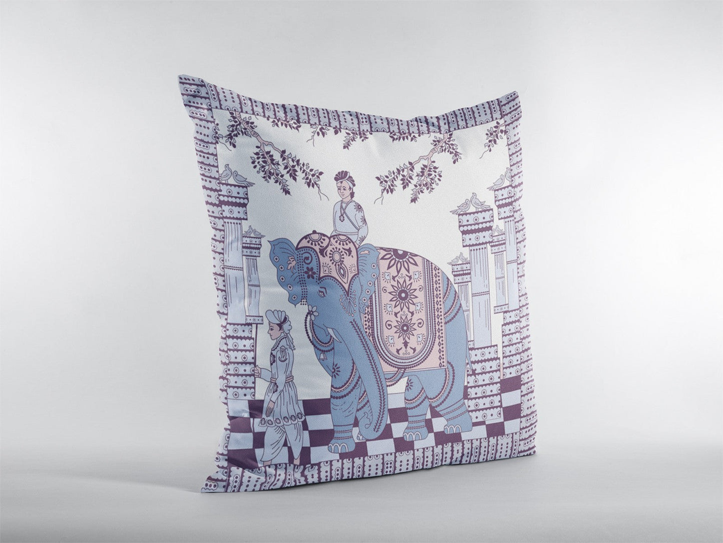 18” Blue Purple Ornate Elephant Suede Throw Pillow