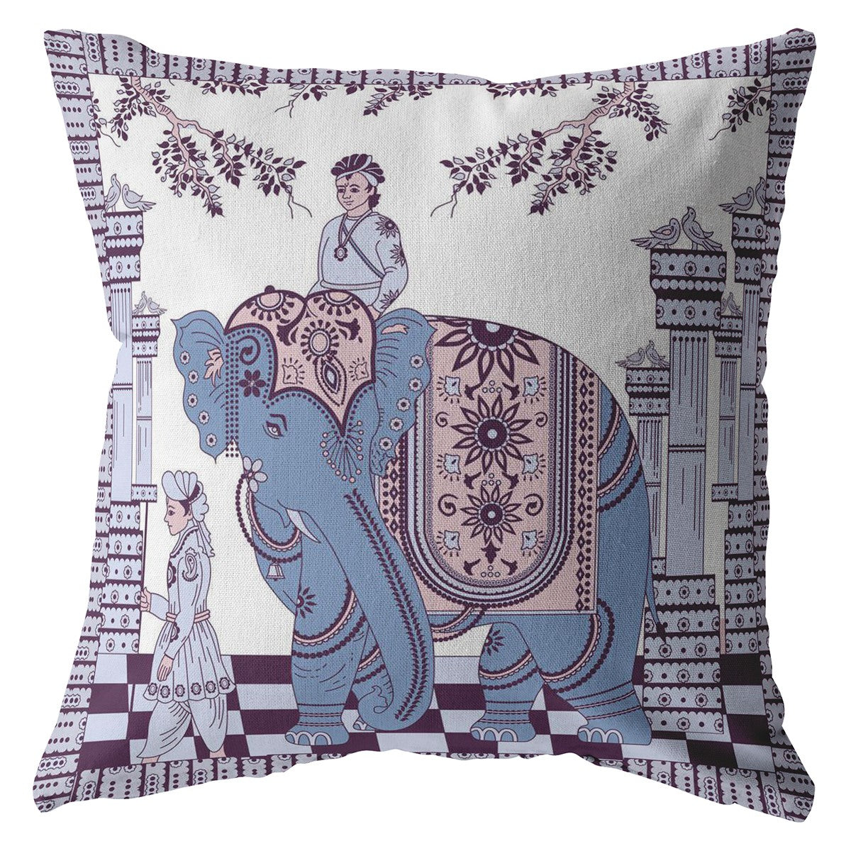 20” Blue Purple Ornate Elephant Suede Throw Pillow