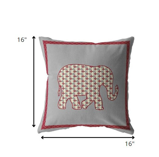 16” Red Gray Elephant Boho Suede Throw Pillow