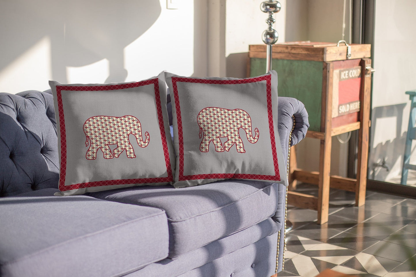 16” Red Gray Elephant Boho Suede Throw Pillow