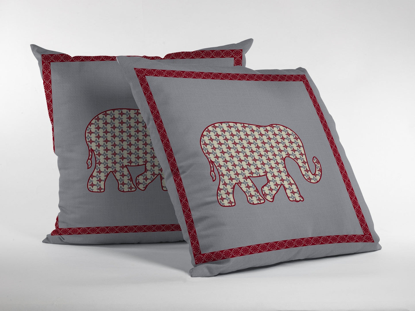 16” Red Gray Elephant Boho Suede Throw Pillow