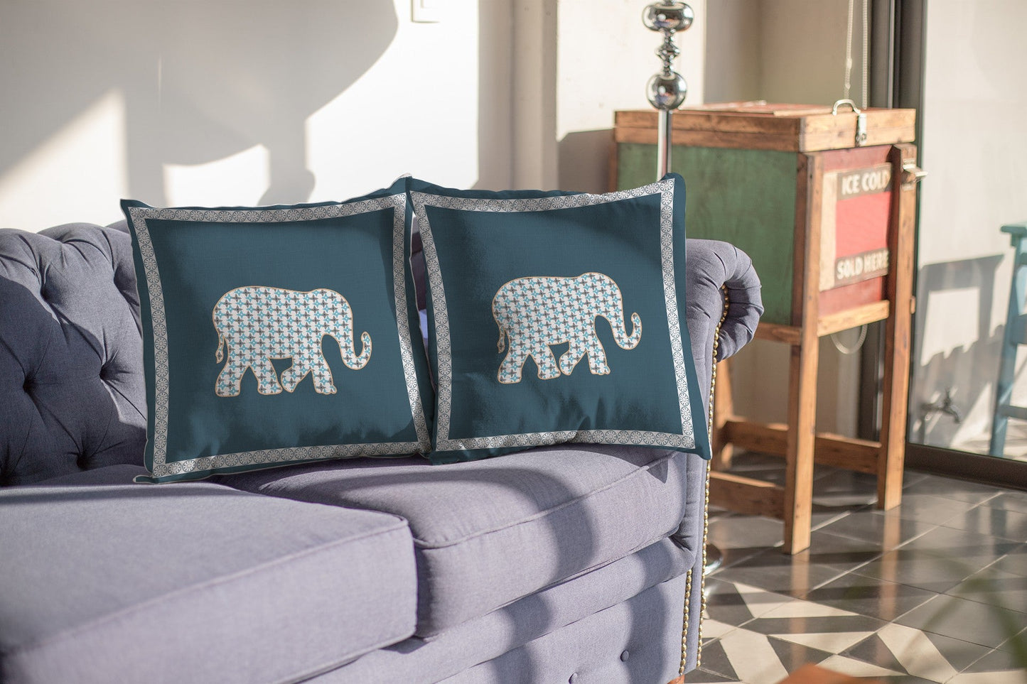 20” Spruce Blue Elephant Boho Suede Throw Pillow