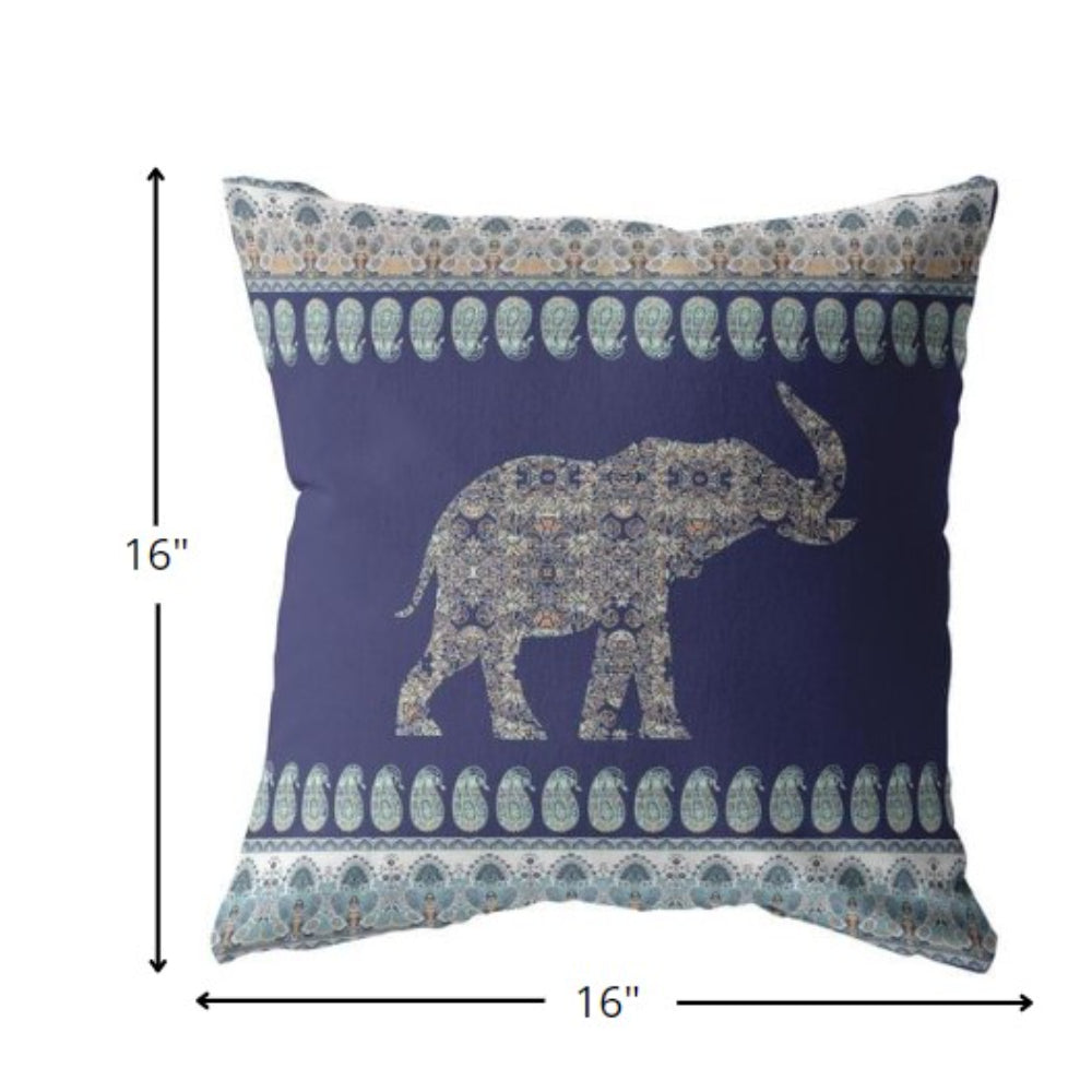 16” Navy Ornate Elephant Suede Throw Pillow